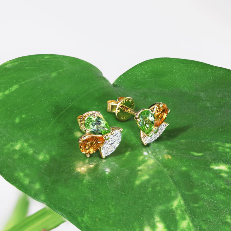18ct yellow gold marquise diamonds and pear shaped yellow and green topaz stud earrings