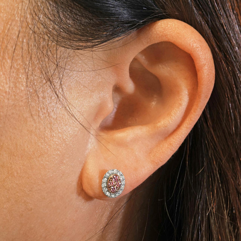 18ct white and rose gold Argyle Pink and round brilliant cut diamond stud earrings on the ear