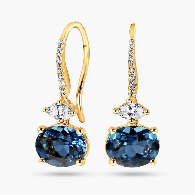 A pair of 18ct yellow gold oval London blue topaz and diamond drop earrings.