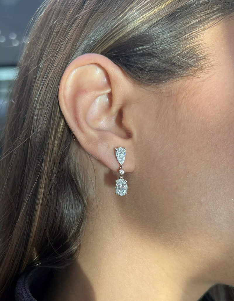 18ct white and rose gold oval pear round Australian pink diamond drop earrings on the ear