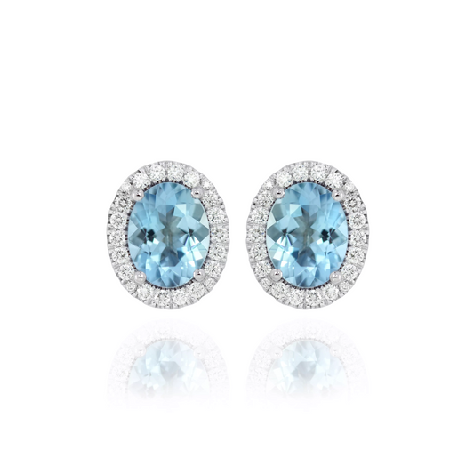 18ct white gold 3.02ct oval aqumarine and diamond halo stud earrings