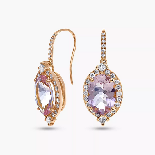 18ct rose gold 9.20ct oval shaped morganite and diamond drop earrings