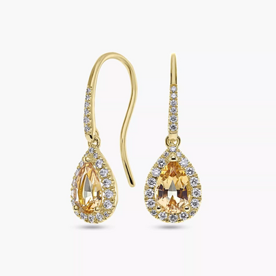 A pair of 18ct yellow gold drop earrings featuring pear-shaped Brazilian Imperial topaz stones with round brilliant cut diamonds along the hoop.