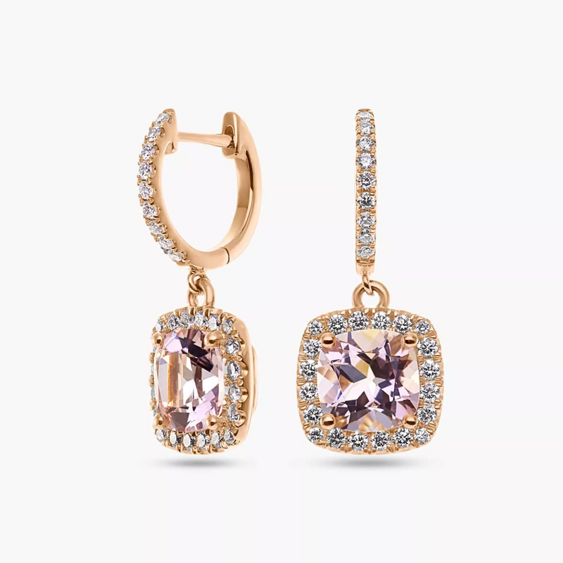 A pair of 18ct rose gold drop earrings featuring cushion cut morganite centers surrounded by round brilliant cut diamonds.