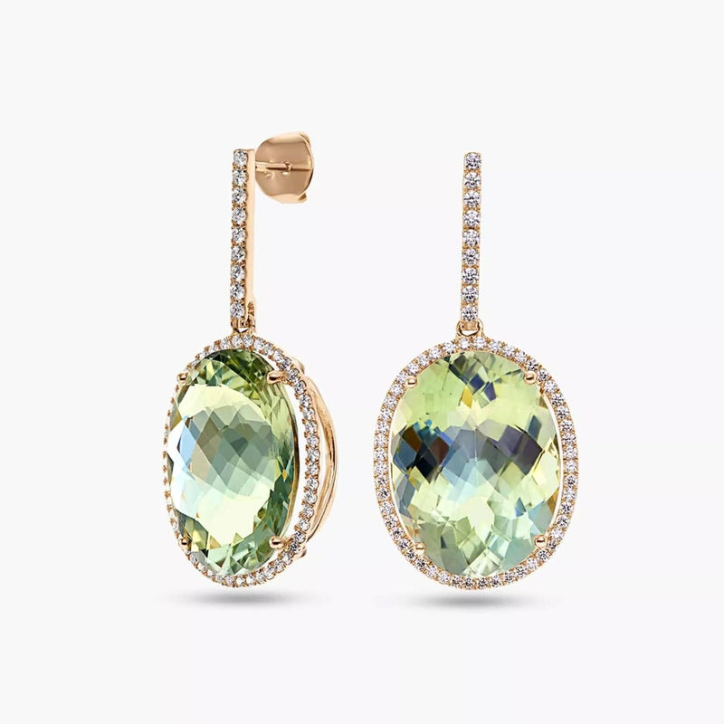 A pair of 18ct rose gold oval green amethyst and diamond drop earrings.
