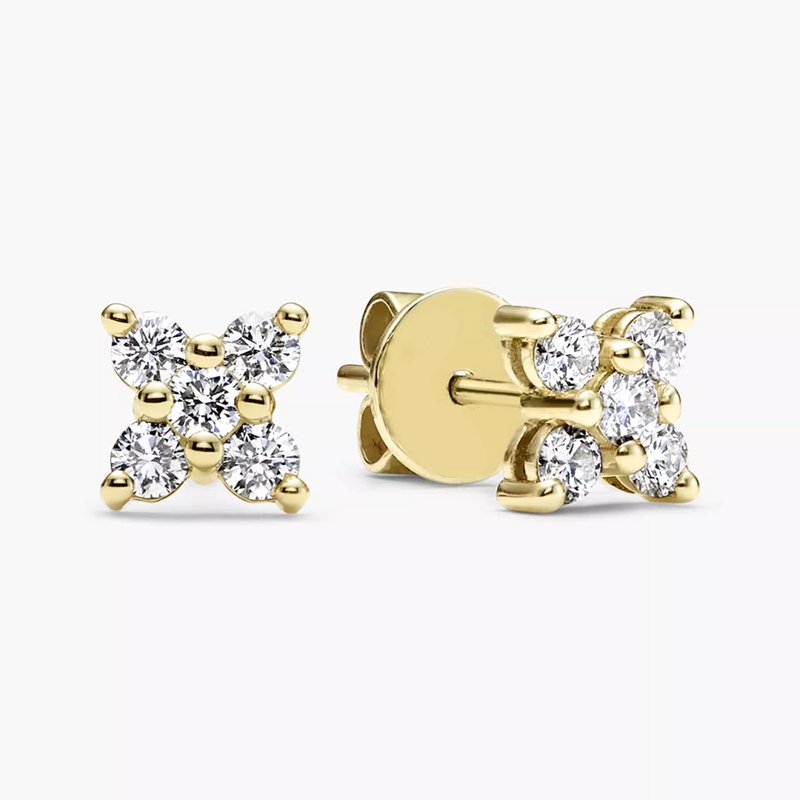 A pair of 18ct yellow gold diamond flower stud earrings with round brilliant cut diamonds in a claw set.