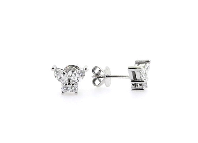 A pair of 18ct white gold diamond butterfly stud earrings with marquise and round brilliant cut diamonds.