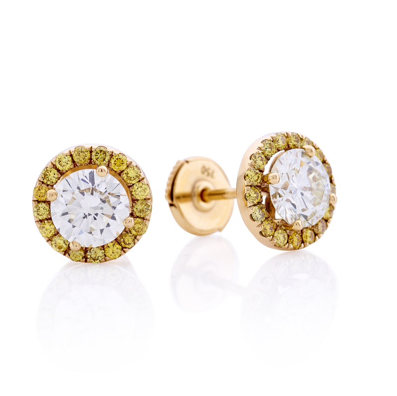 A pair of 18ct yellow gold diamond stud earrings with a yellow diamond halo around each earring.