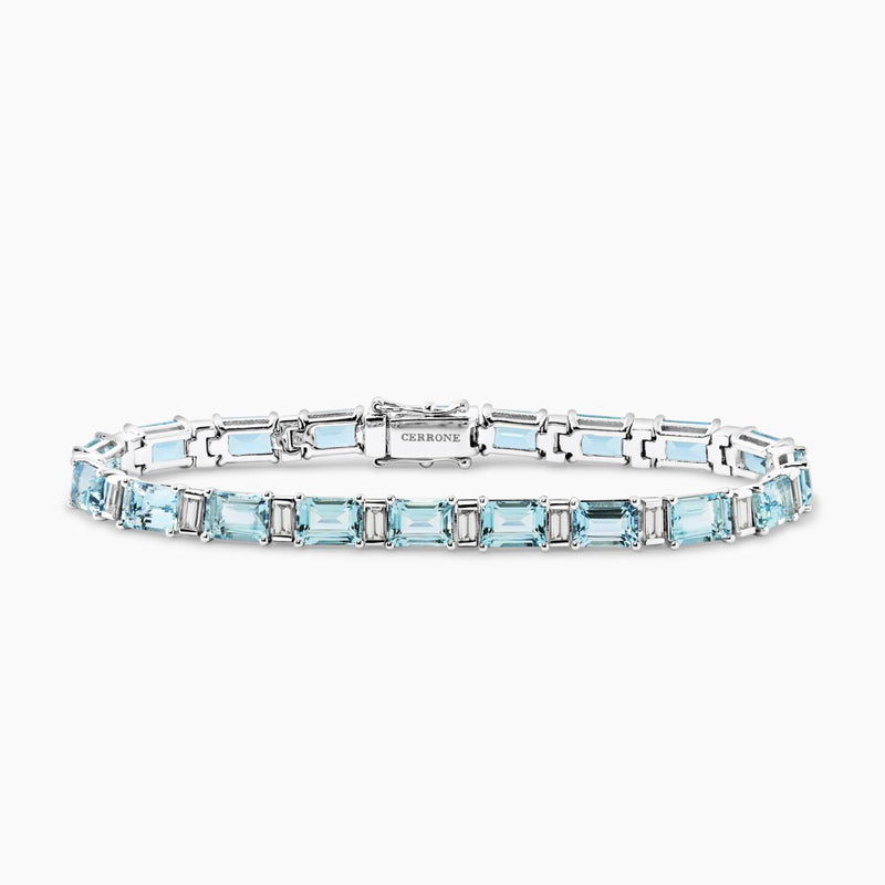 18ct white gold emerald cut aquamarines and baguette diamonds bracelet