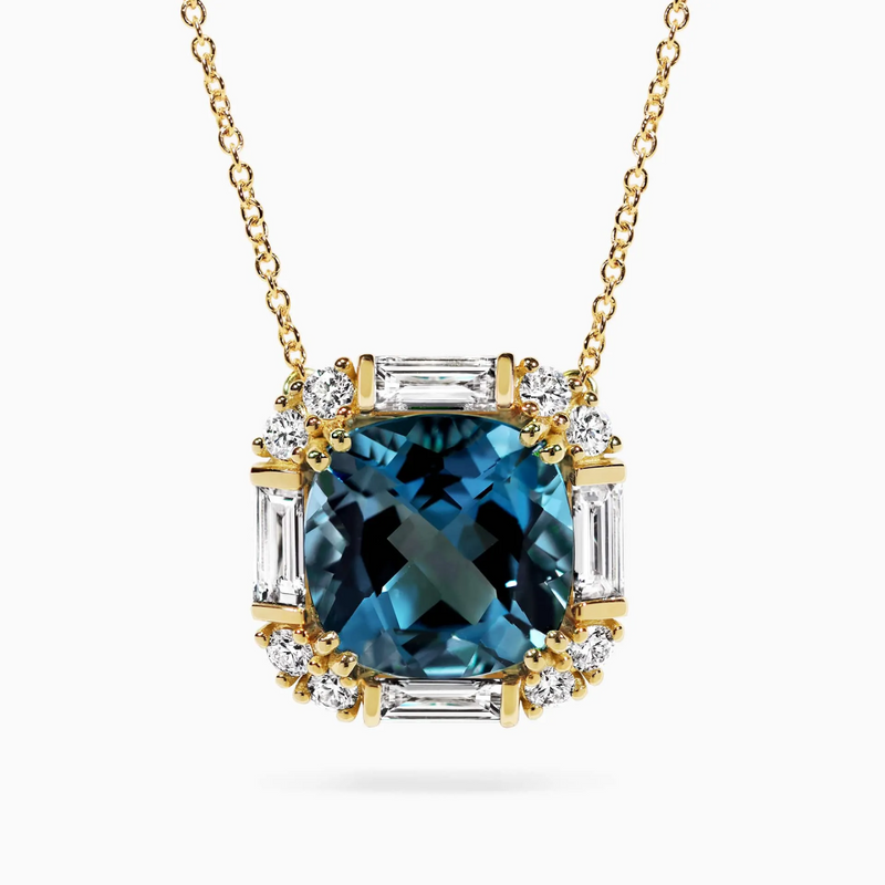 18ct yellow gold cushion cut london blue topaz and diamond necklace 