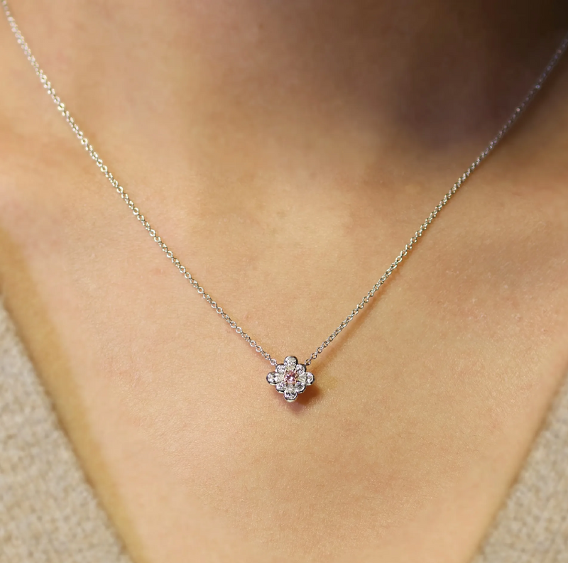 18ct white and rose gold pink diamond necklace on neck