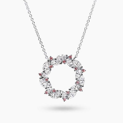 An 18ct white gold argyle pink diamond circle necklace with a length of chain of 45cm, featuring round brilliant cut diamonds and marquise diamonds.