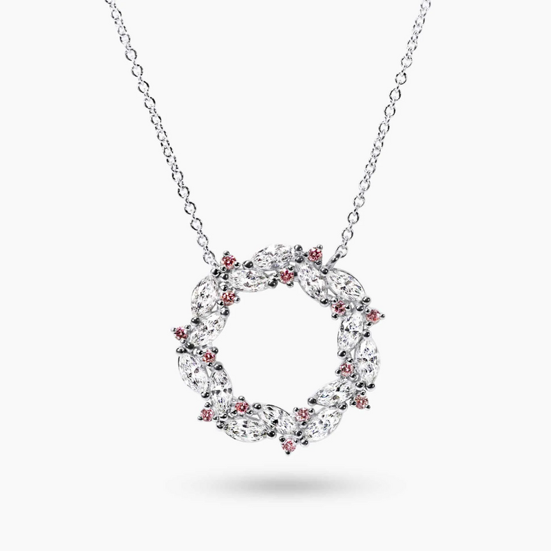 An 18ct white gold argyle pink diamond circle necklace with a length of chain of 45cm, featuring round brilliant cut diamonds and marquise diamonds.