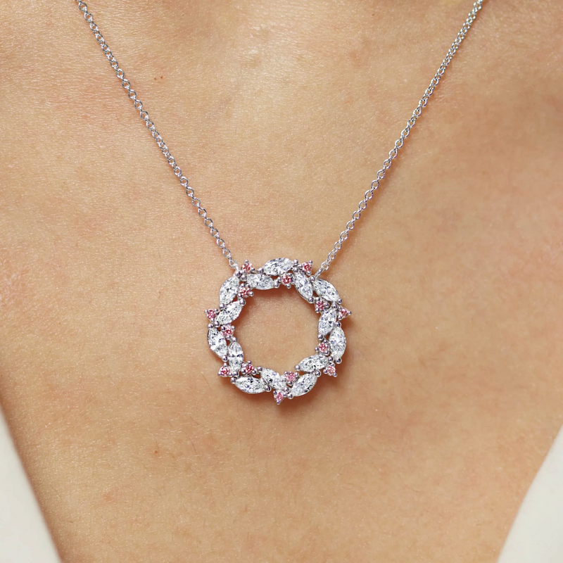 18ct white gold argyle pink diamond circle necklace on the neck