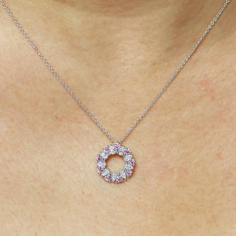 18ct white gold Argyle pink diamond circle necklace on the neck
