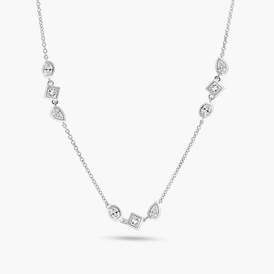 18ct white gold oval, pear, princess cut diamond bezel set necklace