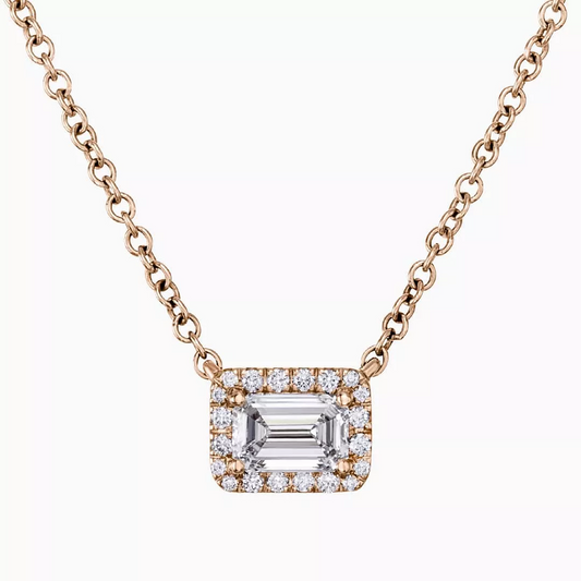 18ct rose gold 0.41ct emerald cut diamond halo necklace