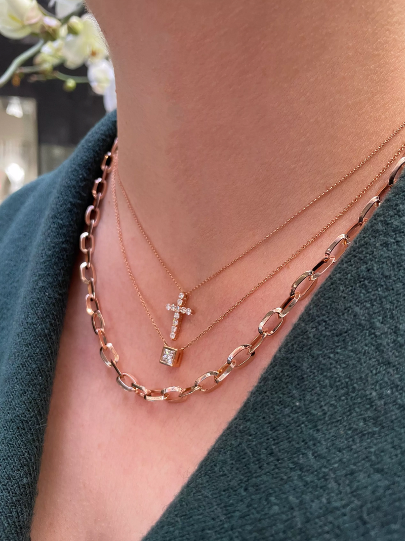 18ct rose gold 0.57ct princess cut diamond necklace on the neck