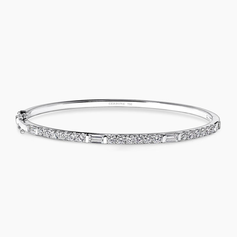 18ct white gold baguette and round diamond hinged bangle