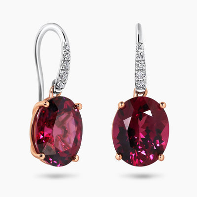 18ct rose and white gold oval rhodolite garnet and diamond hook earrings