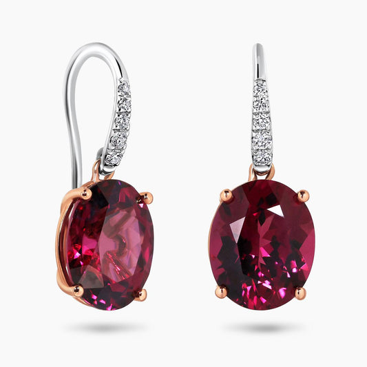18ct rose and white gold 2=9.18ct oval rhodolite garnet and diamond hook earrings