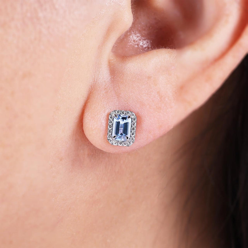 18ct white gold Santa Maria aquamarine and diamond stud earrings on the ear