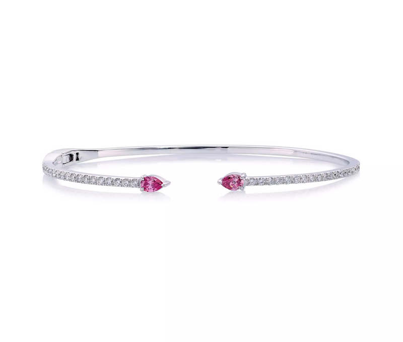 18ct white gold Argyle pear shape pink diamond and round brilliant cut diamond open bangle