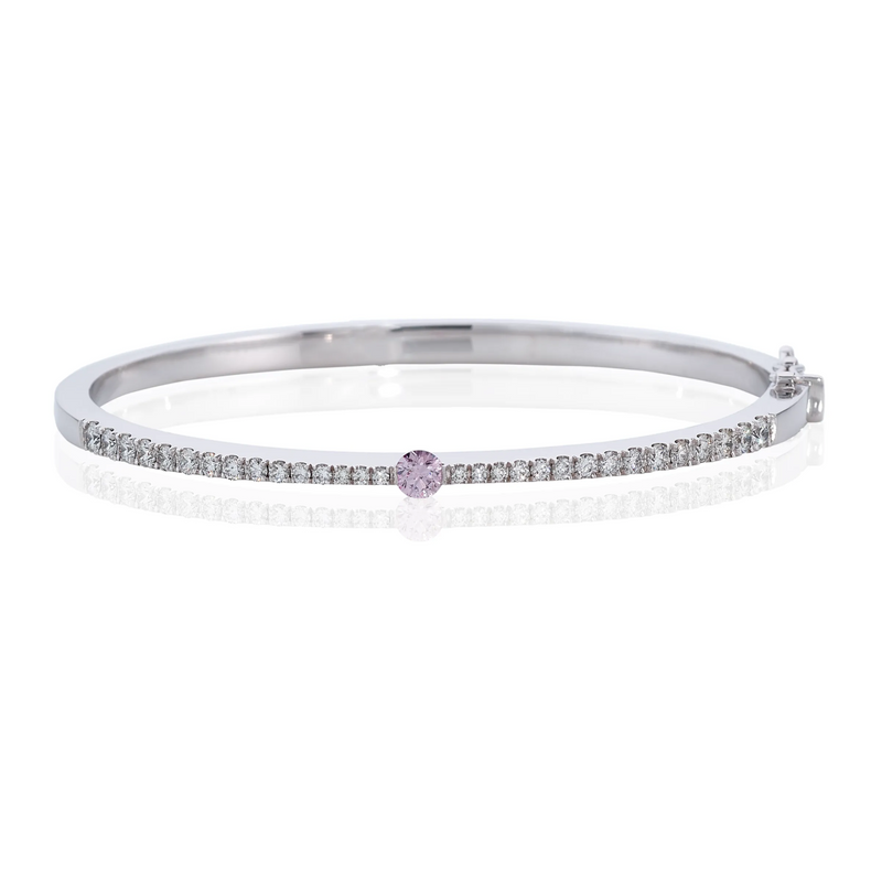 18ct white gold round brilliant cut pink and white diamond hinged bangle