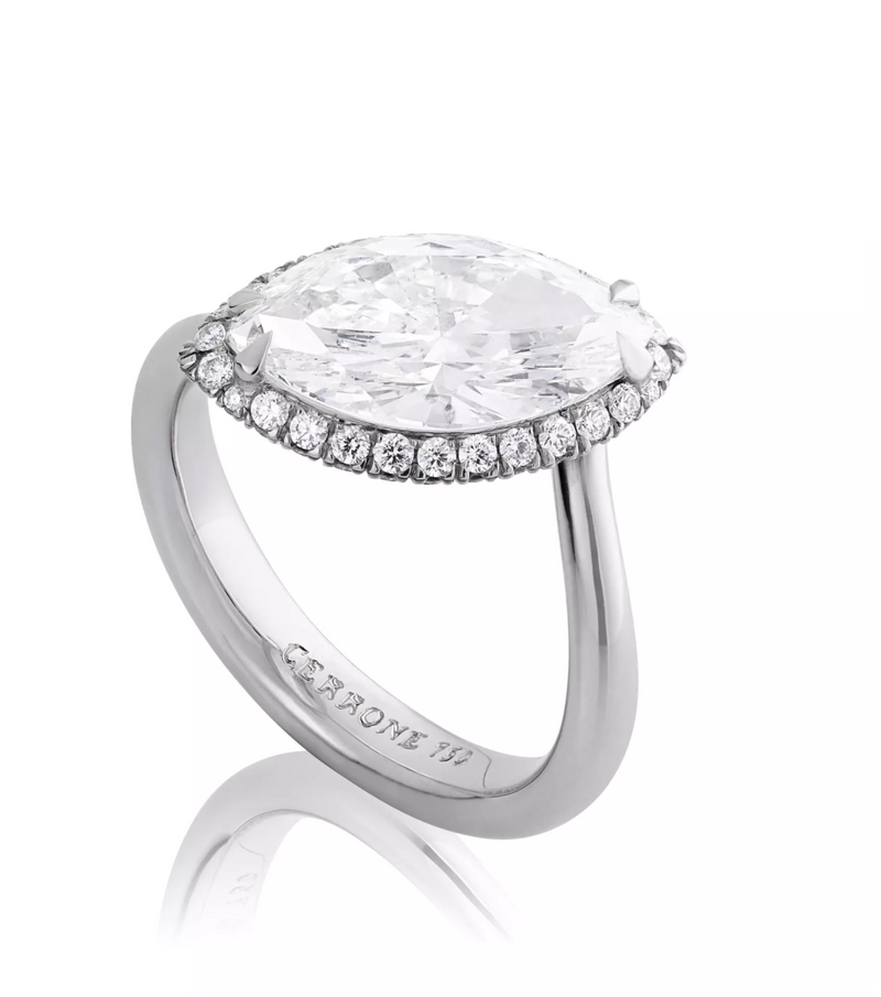 18ct white gold marquise and round brilliant cut halo ring side profile 