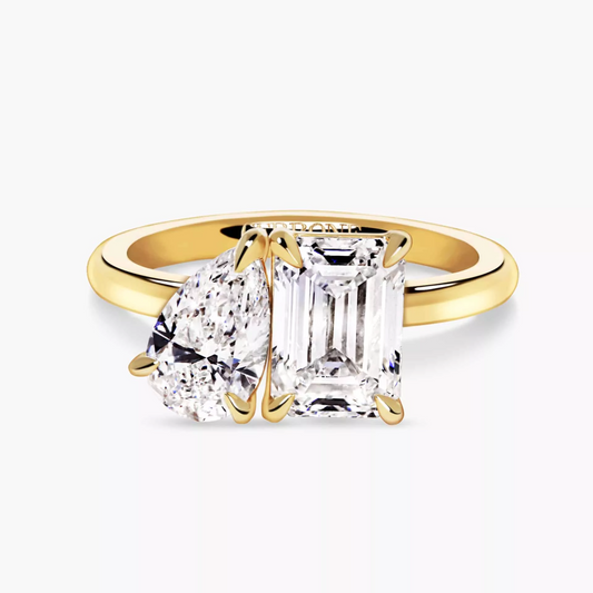 18ct yellow gold emerald and pear cut LAB diamond ring