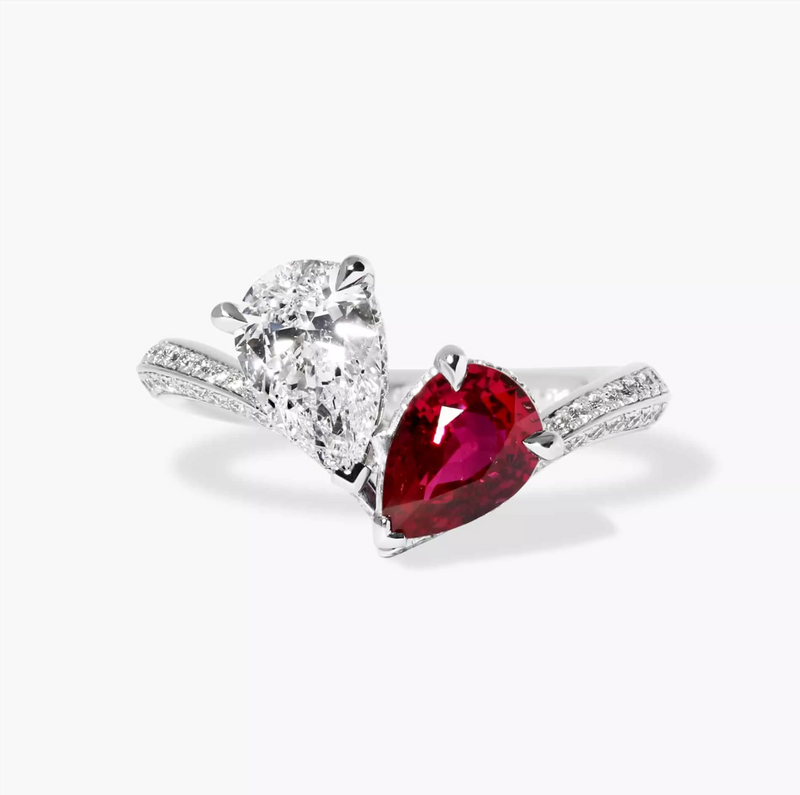 18ct white gold pear and round brilliant cut Mozambique ruby and diamond knife edge ring