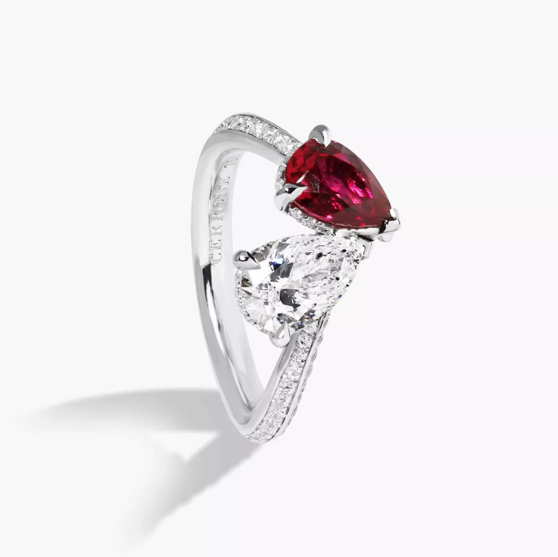 18ct white gold pear and round brilliant cut Mozambique ruby and diamond knife edge ring side profile