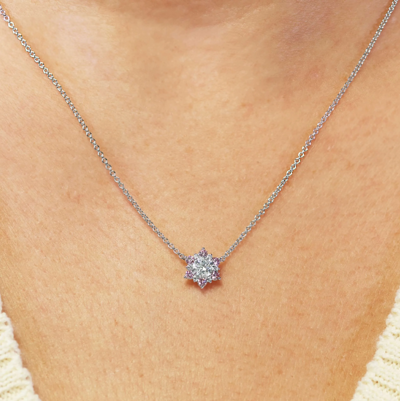 18ct white gold Argyle pink diamond necklace on the neck