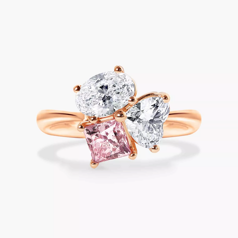 18ct rose gold Argyle princess cut pink diamond, oval and heart shaped white diamond ring