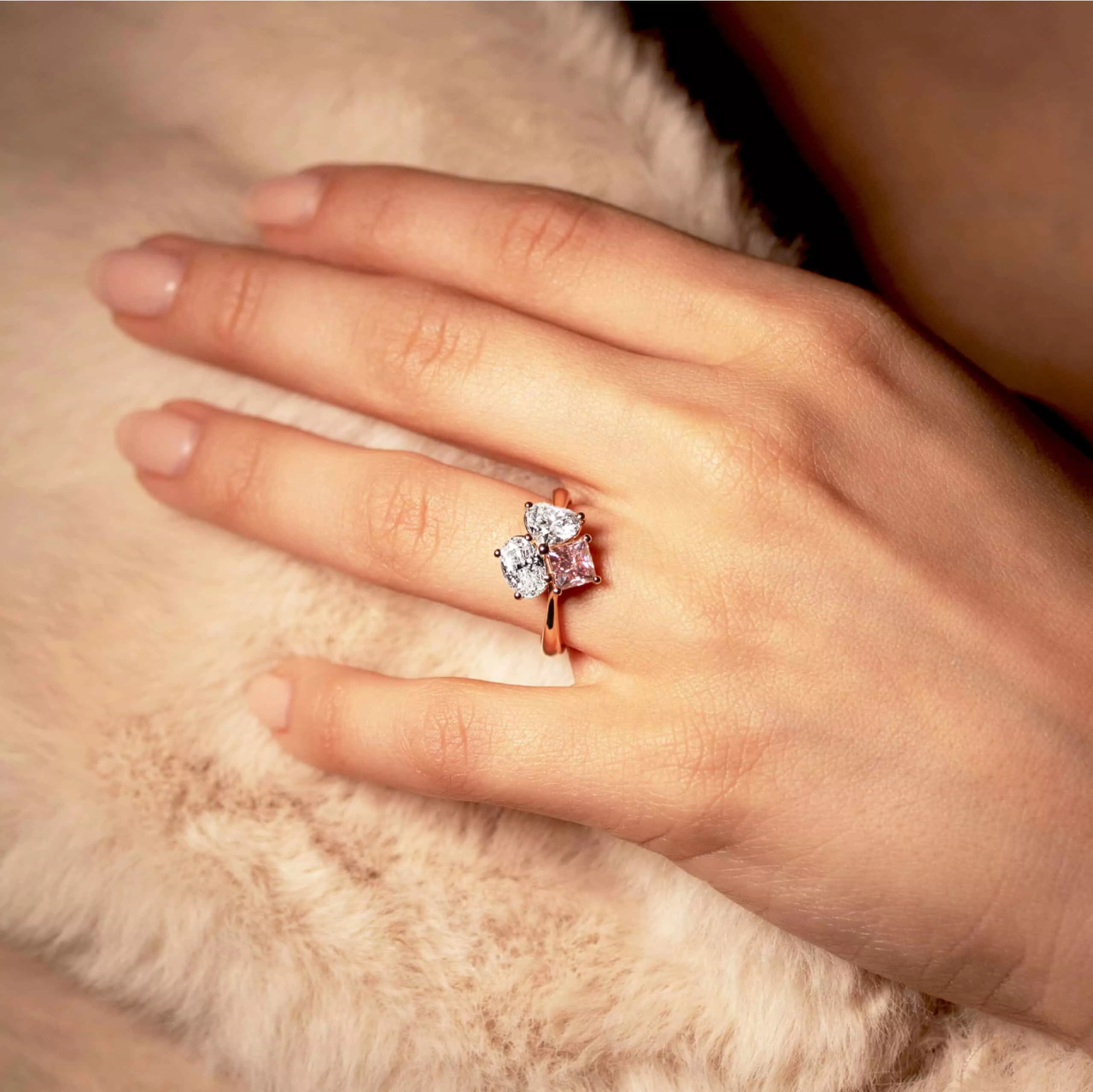 THE HEART OF TRASTEVERE 18ct rose gold Argyle princess cut pink diamond, oval and heart shaped white diamond ring