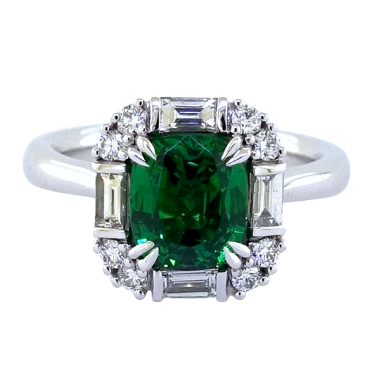 18ct white gold cushion cut tsavorite garnet and diamond ring from the Hampton Collection