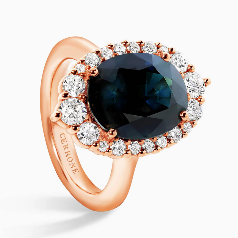 18ct rose gold oval Australian sapphire and round brilliant cut diamond ring side profile