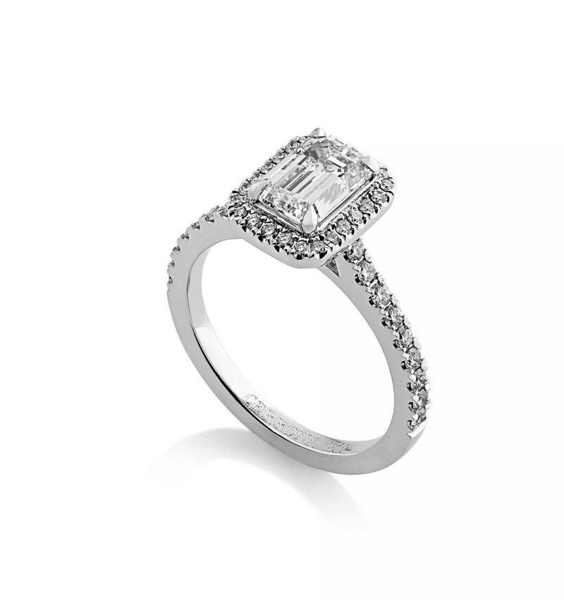 18ct white gold emerald and round brilliant cut diamond halo ring side profile