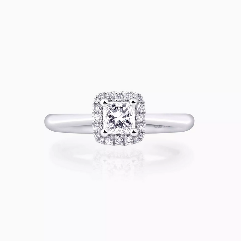 Platinum princess and round brilliant cut diamond halo ring