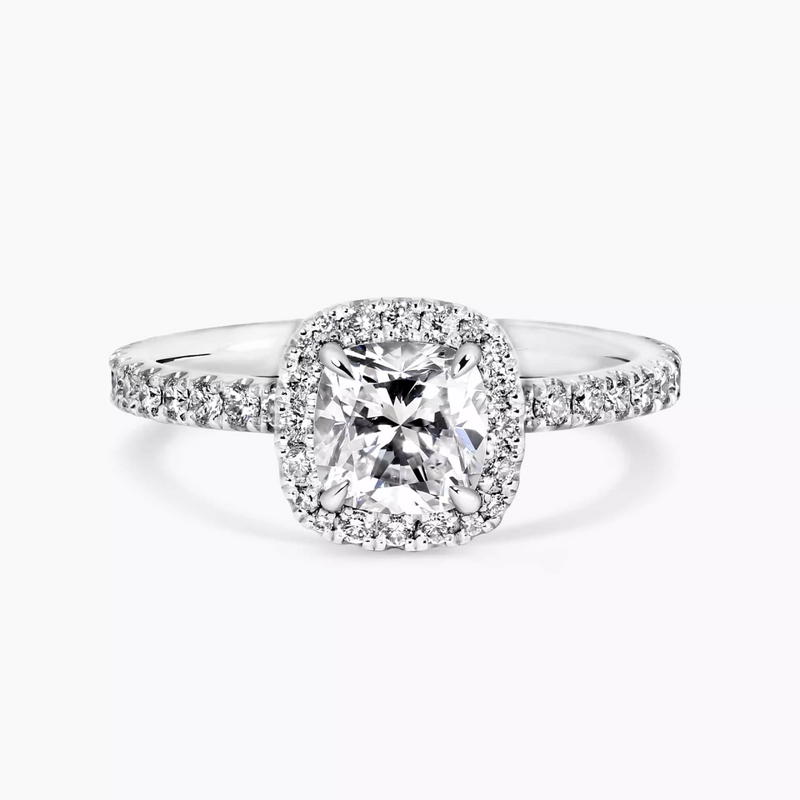 18ct white gold cushion and round brilliant cut diamond halo ring