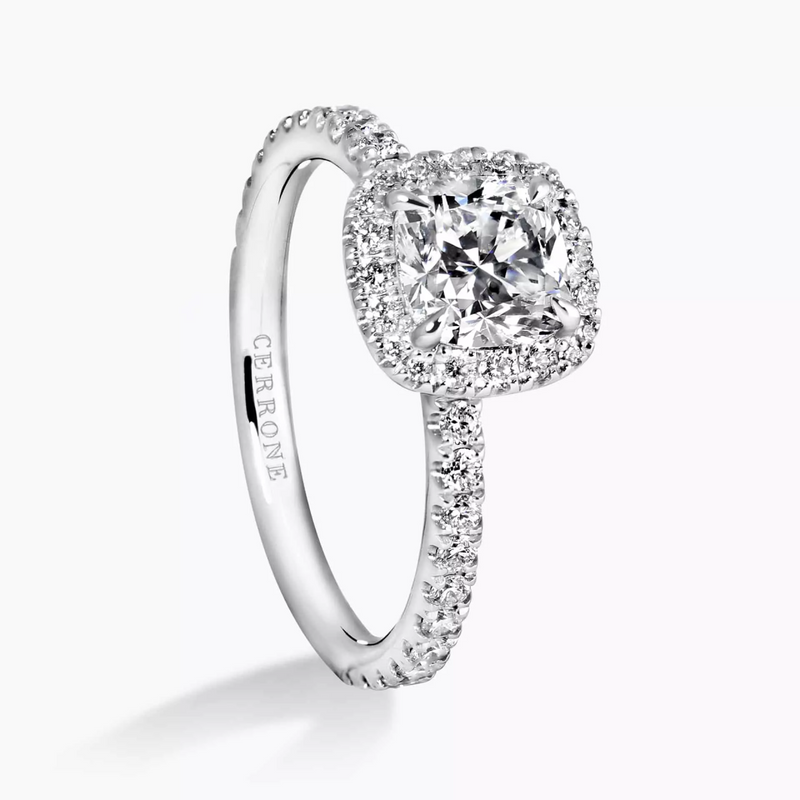 18ct white gold cushion and round brilliant cut diamond halo ring side view