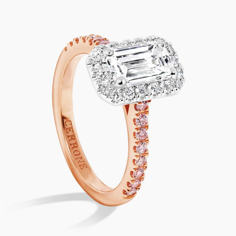 18ct rose and white gold pink and white diamond halo ring side profile