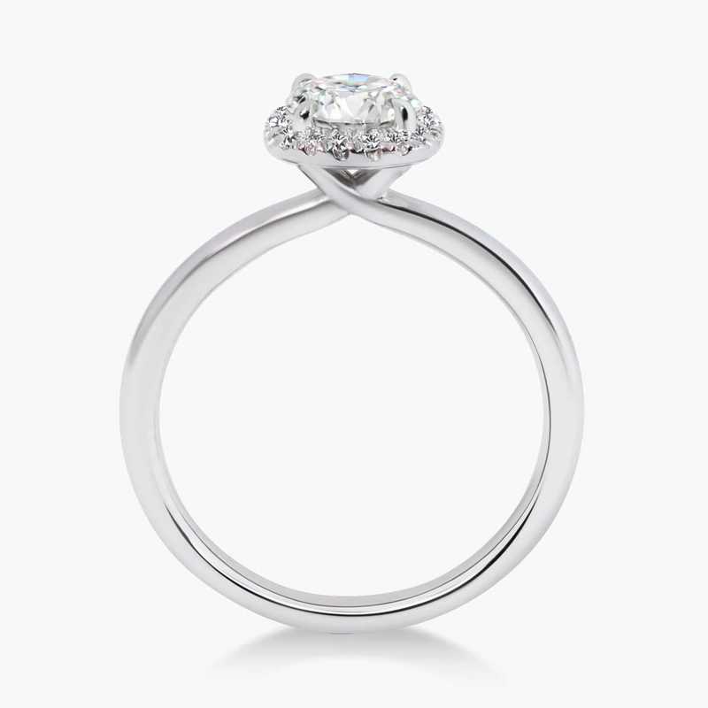 Platinum round brilliant cut diamond halo ring side view