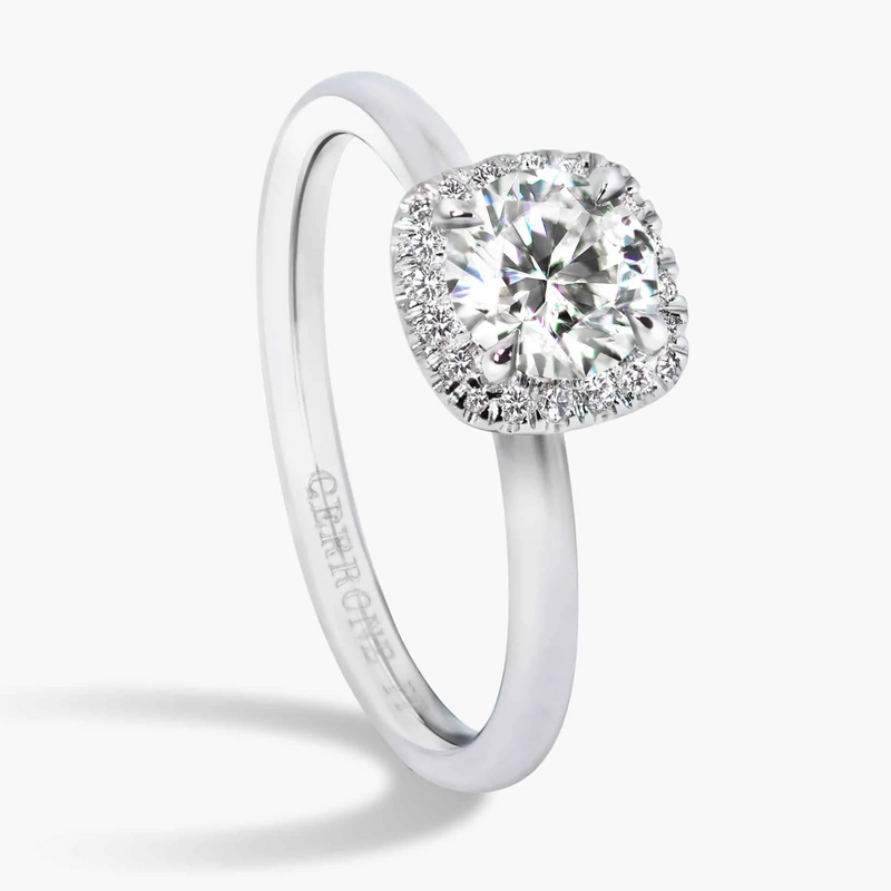 Platinum round brilliant cut diamond halo ring side profile