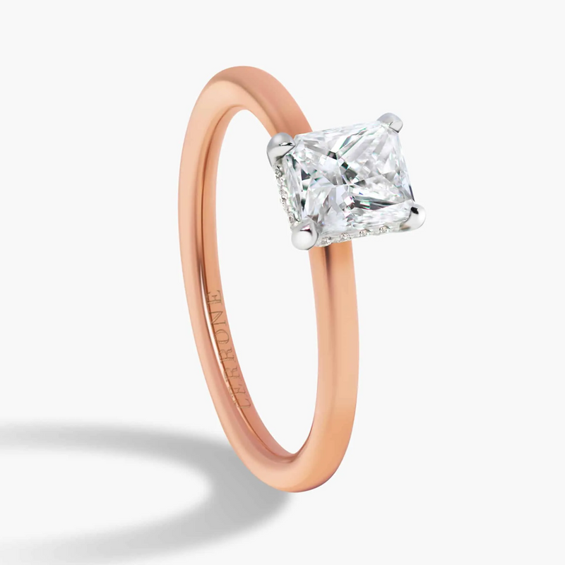 18ct rose and white gold radiant cut diamond hidden halo ring