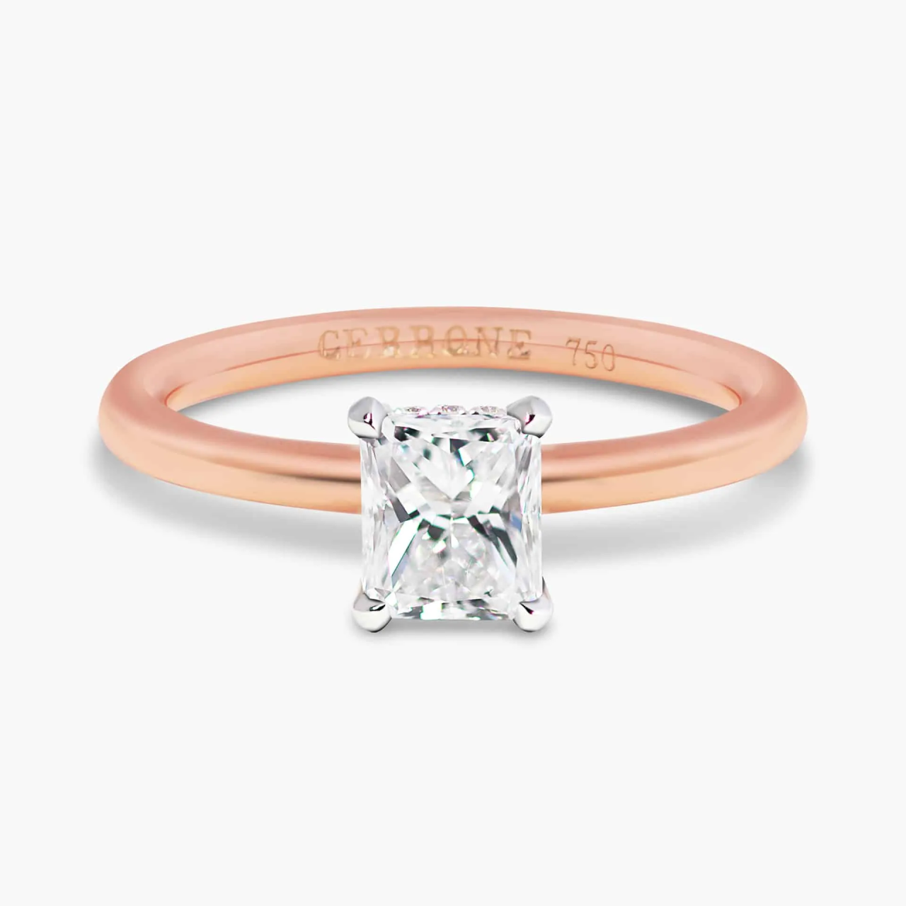 18ct rose and white gold 0.78ct E VS2 radiant cut diamond hidden halo ring