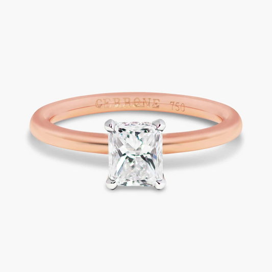 18ct rose and white gold 0.78ct E VS2 radiant cut diamond hidden halo ring