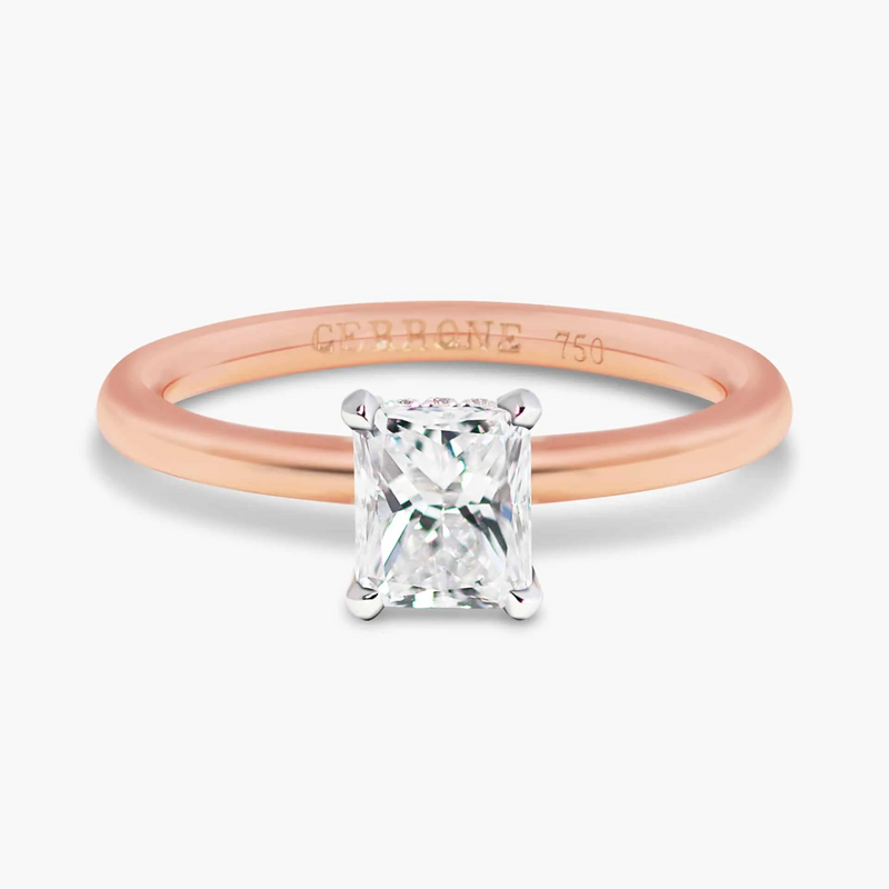 18ct rose and white gold radiant cut diamond hidden halo ring