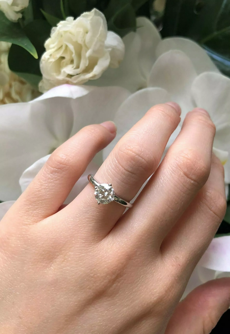18ct white gold diamond solitaire ring on finger 