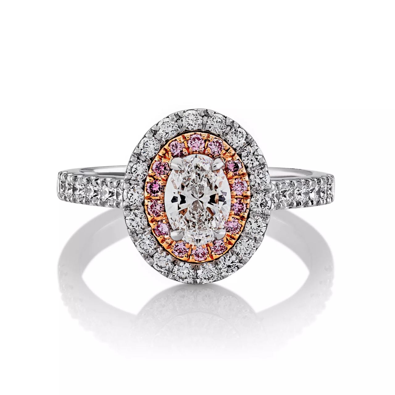 18ct white and rose gold oval and round brilliant cut pink and white diamond double halo ring